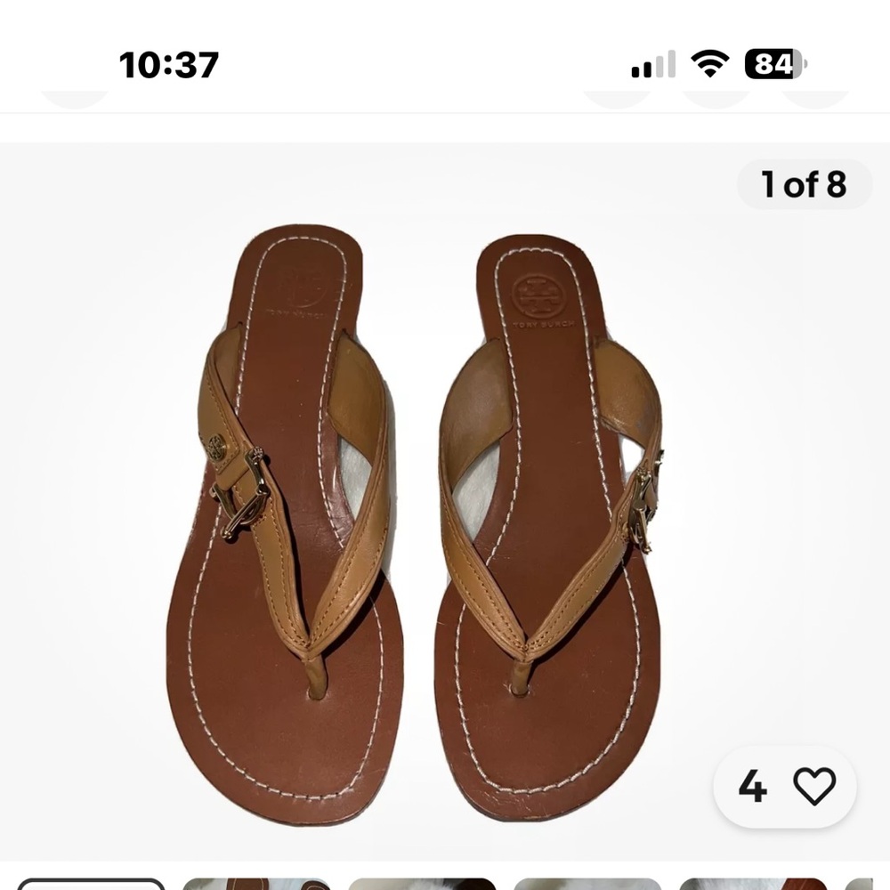 Tory Burch brown leather gold logo small wedge thongs size 9￼